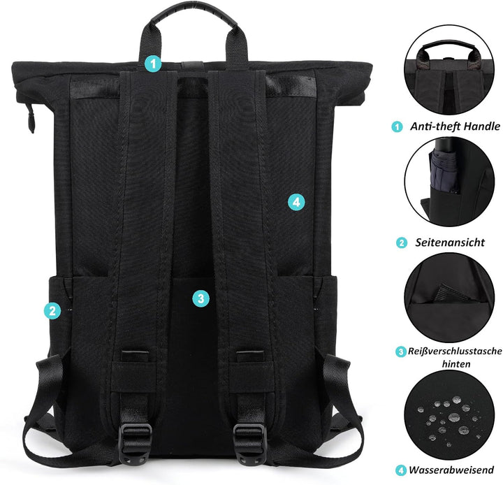 TANTOMI Rucksack Damen Herren, Rucksack Laptop Tasche 15,6 Zoll, Laptop Rucksack Damen Herren weit ö