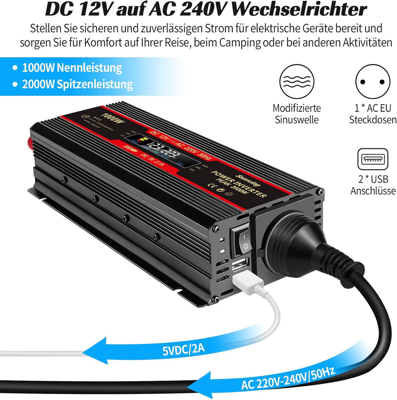 Seamuing 2000W Wechselrichter DC 12V auf AC 240V Spannungswandler 1 AC Steckdose & 2 USB Port Stromw