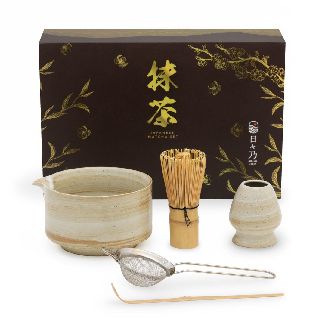 HIBINO Japanisches Matcha Set – Matcha Schale mit Ausguss, Matcha Besen & Halter, Bambus Löffel & Ed