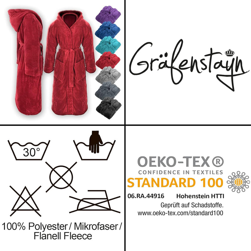 Gräfenstayn® Damen & Herren Kuschelfleece Bademantel mit Kapuze Grösse S-XXXL mit Öko-Tex Standard 1