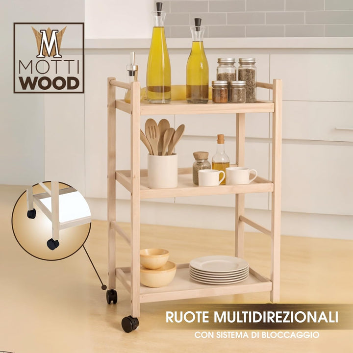 Mehrzweckwagen, 3 Ablagen, 100% Buchenholz, 28 x 40 x 64,5 cm, mit Rollen