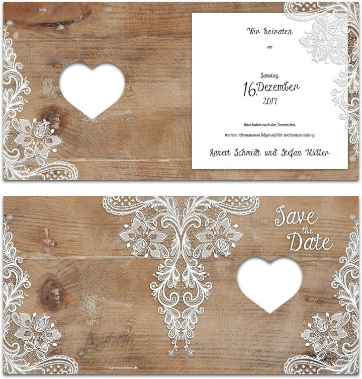 Lasergeschnittene Save the Date Karten (100 Stück) - Rustikal mit weisser Spitze - Hochzeitskarten,