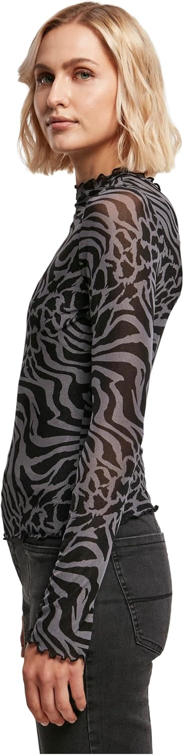 Urban Classics Damen Ladies AOP Mesh Turtleneck Longsleeve XS Asphalt/Black, XS Asphalt/Black