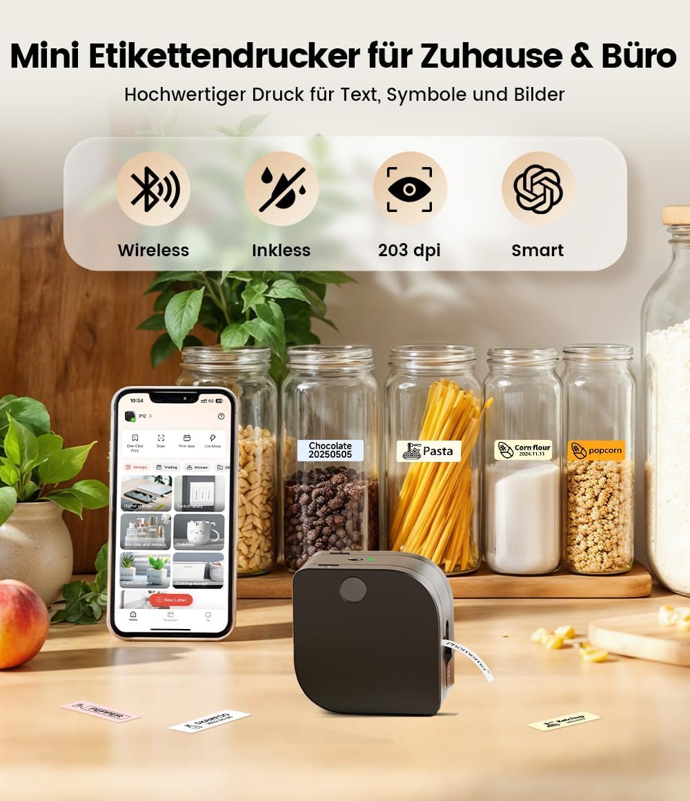 Phomemo P12 Beschriftungsgerät, Mini Etikettendrucker Bluetooth, Etikettiergerät Selbstklebend Kompa
