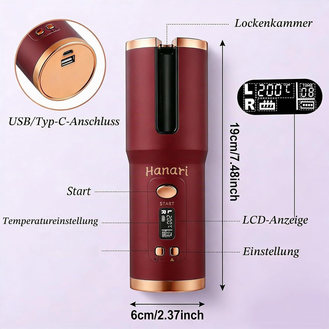 Hanari Lockenstab Automatisch Rotierend, Kabelloser Lockenstab Automatisch Keramik, 6 Temperaturstuf