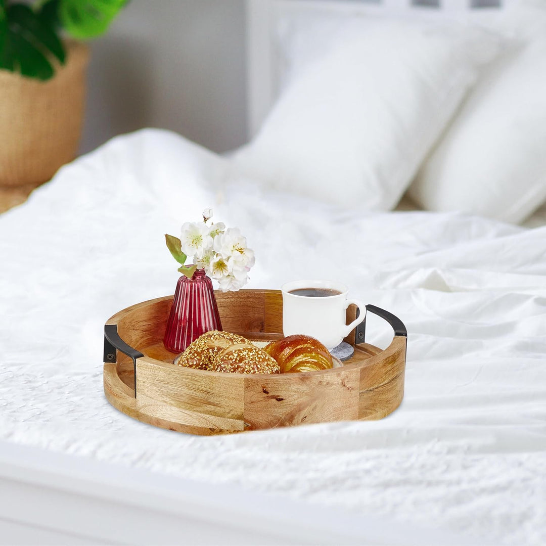 Relaxdays Tablett, rundes Serviertablett, Mangoholz, HxD: 7,5 x 35 cm, Holztablett mit Griffen, Deko