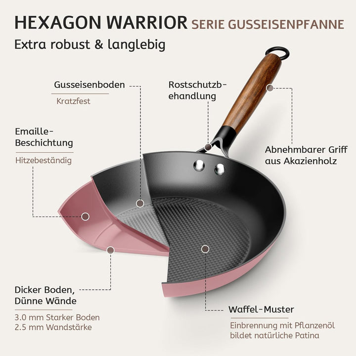 YUTANN Gusseisenpfanne, Antihaft-Bratpfanne, Frying Pan, Abnehmbarer Holzgriff, PFAS-Frei/PFOA-Frei,