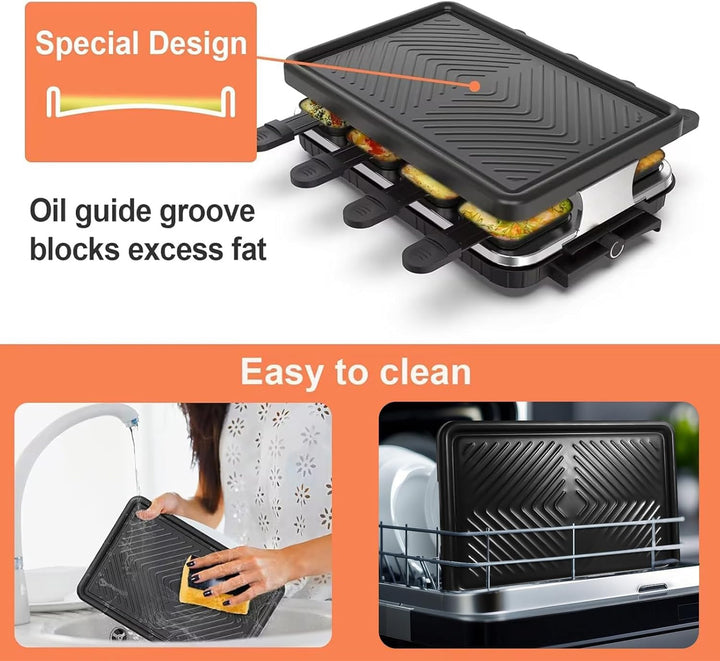 HengBO Raclette Grill für 8 Personen mit 8 Antihaft-Pfännchen, Stufenlos Verstellbare Grillplatte, E