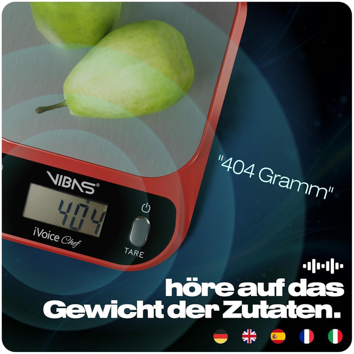 VIBAS iVoice Chef sprechende Küchenwaage, für Blinde und ältere Menschen, spricht 5 Sprachen, Gewich