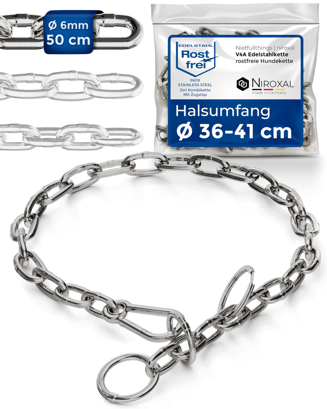 Kombikette für Hunde mit Halsumfang 36-41cm aus Edelstahl V4A Hundekette mit Zugstop Kettenhalsband