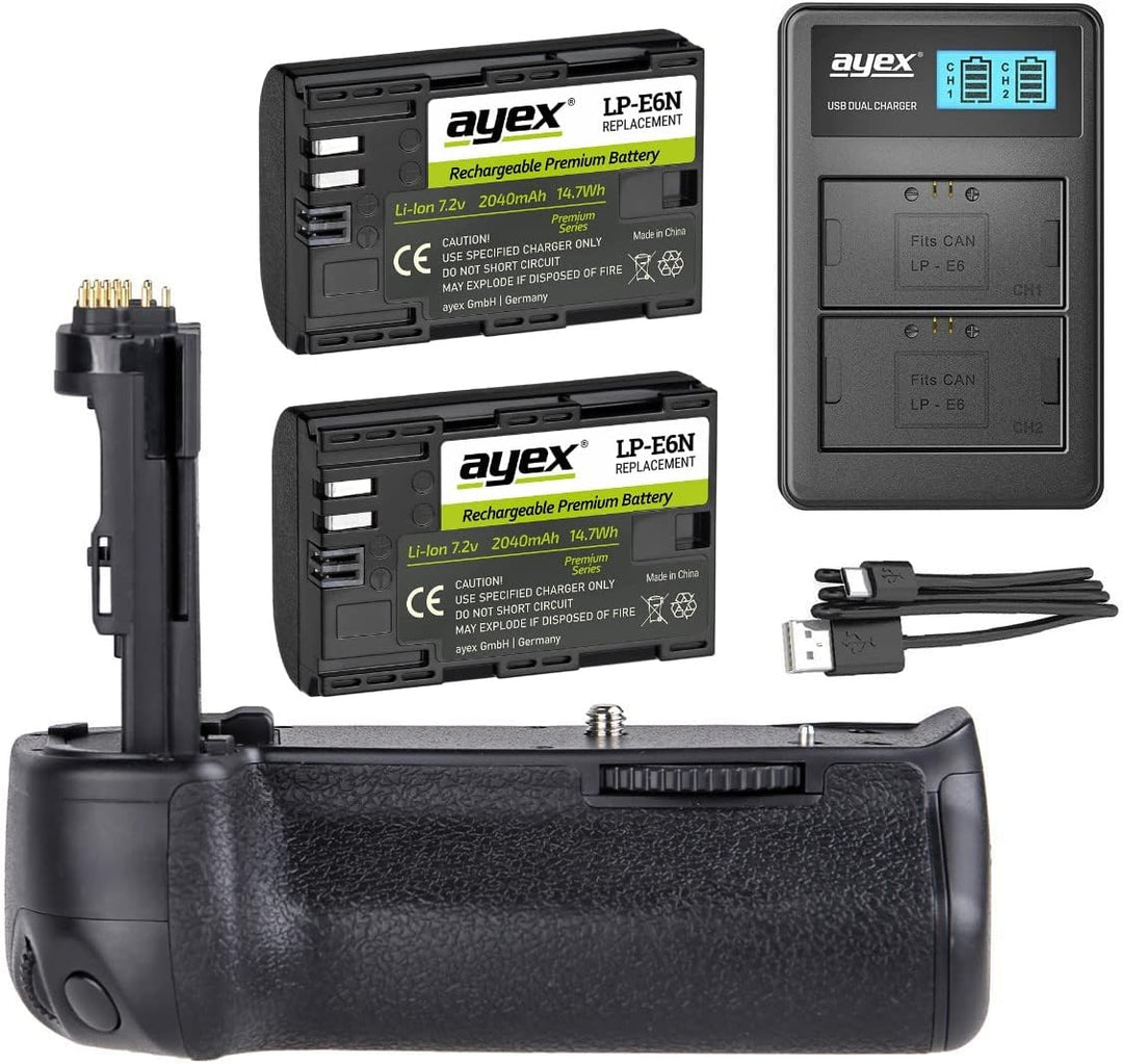 ayex Batteriegriff Kompatibel mit Canon EOS 70D 80D 90D + 2X LP-E6N Akku + USB Dual Ladegerät Akkugr