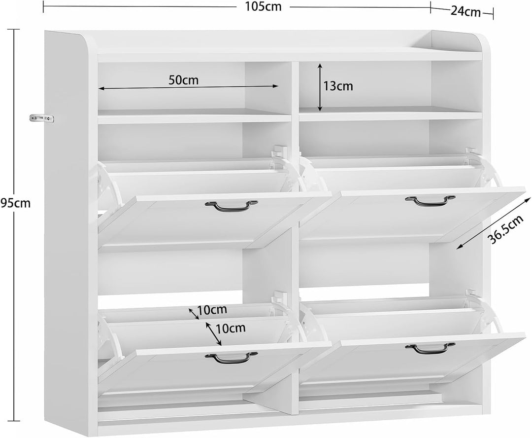 TEENFON Schuhschrank Schmal–105 cm breiter Schuhkipper mit 4 Klappen&amp;2 offenen Fächern, mit verstell