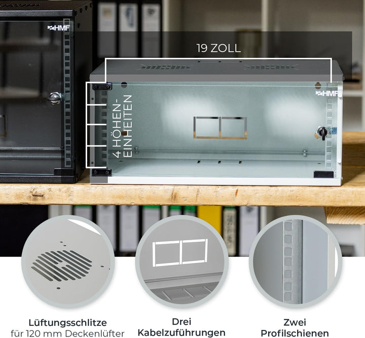 HMF 65704-07 Netzwerkschrank, Serverschrank 19 Zoll | 4 HE | 400 mm Tiefe | Glastür | Lichtgrau 4 HE