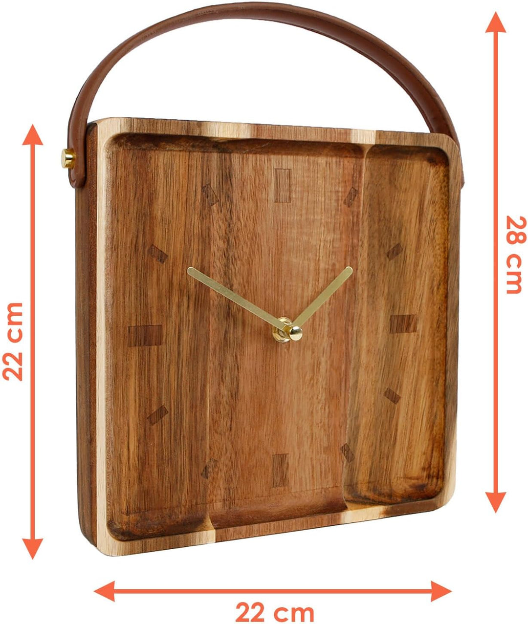 Spetebo Holz Standuhr mit Griff in Leder Optik - 22 cm - Retro Tischuhr analog - Tisch Deko Uhr ecki