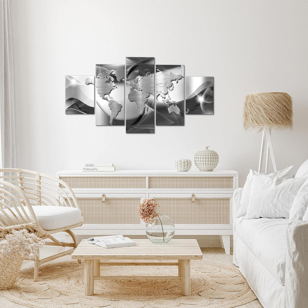 Runa Art Wandbilder Weltkarte 5 Teilig Bild auf Vlies Leinwand Deko Büro Wohnzimmer Abstrakt Schwarz