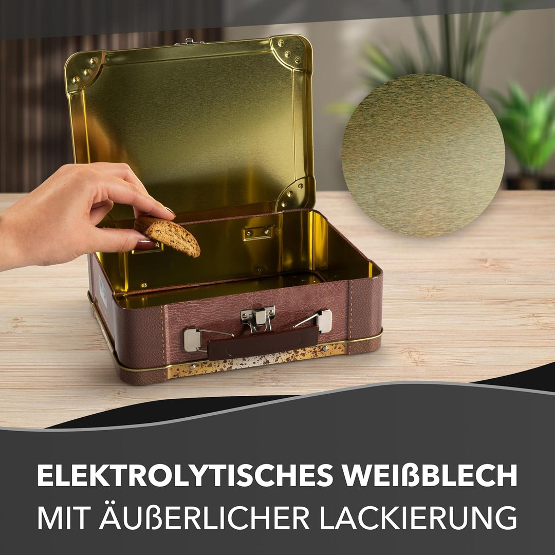 Reisekoffer Vintage - Retro Aufbewahrungsdose, Keksdose, Blechdose mit bunten Aufklebern von verschi