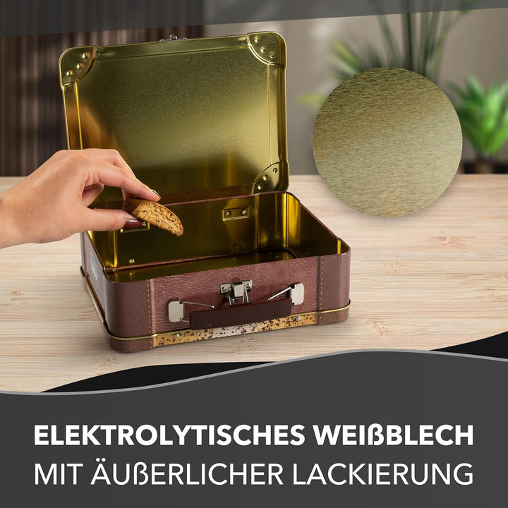 Reisekoffer Vintage - Retro Aufbewahrungsdose, Keksdose, Blechdose mit bunten Aufklebern von verschi