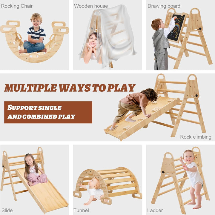 6in1 Montessori Klettergerüst, Klettern Kinder Indoor mit Kletterbogen, Rutsche und Mini Kinder Malt