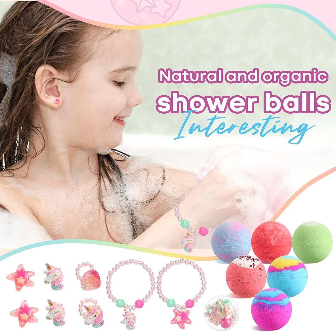 MeCids Bio Badebomben für Kinder mit Überraschungsspielzeug innen, 6-Pack mit Armbändern und Ringen,