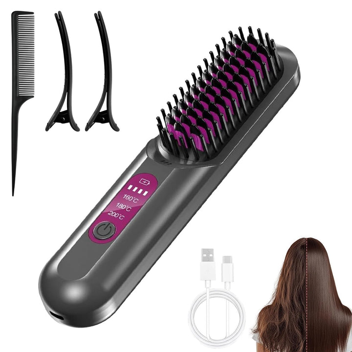 Glättbürste Kabellos, Stylingbürste Für Kurze Langes Haare, Haarglätter Bürste Kabellos mit 3 Wärmes