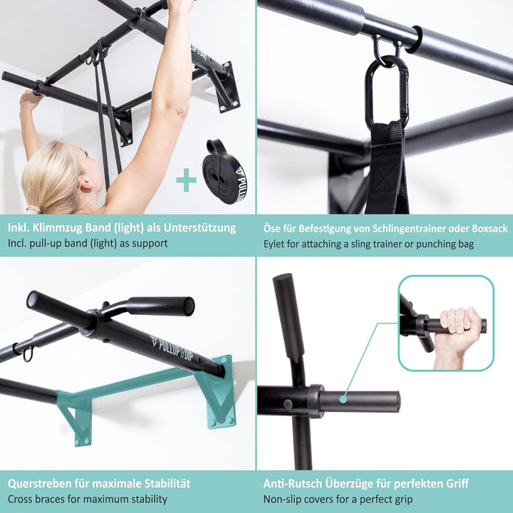 PULLUP & DIP Klimmzugstange Wand, Profi Multigriff Pull-Up Stange für Wandmontage inkl. Schrauben, K