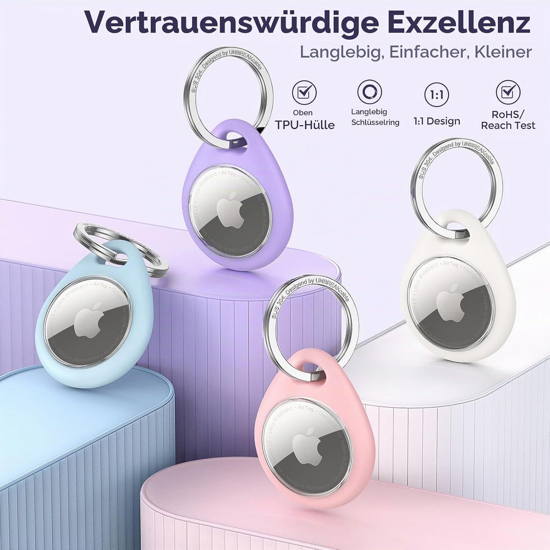 UNBREAKcable 360° Schutzhülle für AirTag [4er-Pack], TPU Vollschutz Schlüsselanhänger mit 304 Edelst