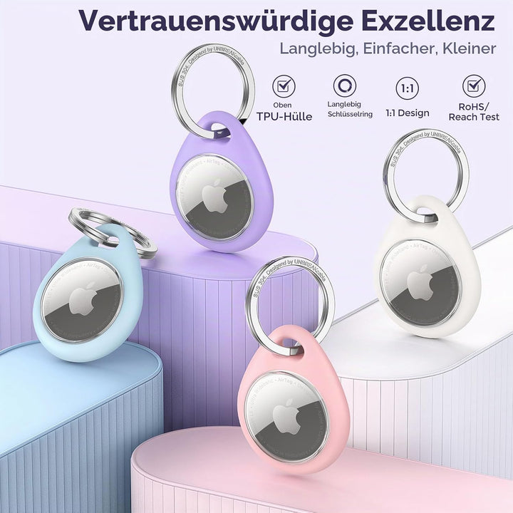 UNBREAKcable 360° Schutzhülle für AirTag [4er-Pack], TPU Vollschutz Schlüsselanhänger mit 304 Edelst