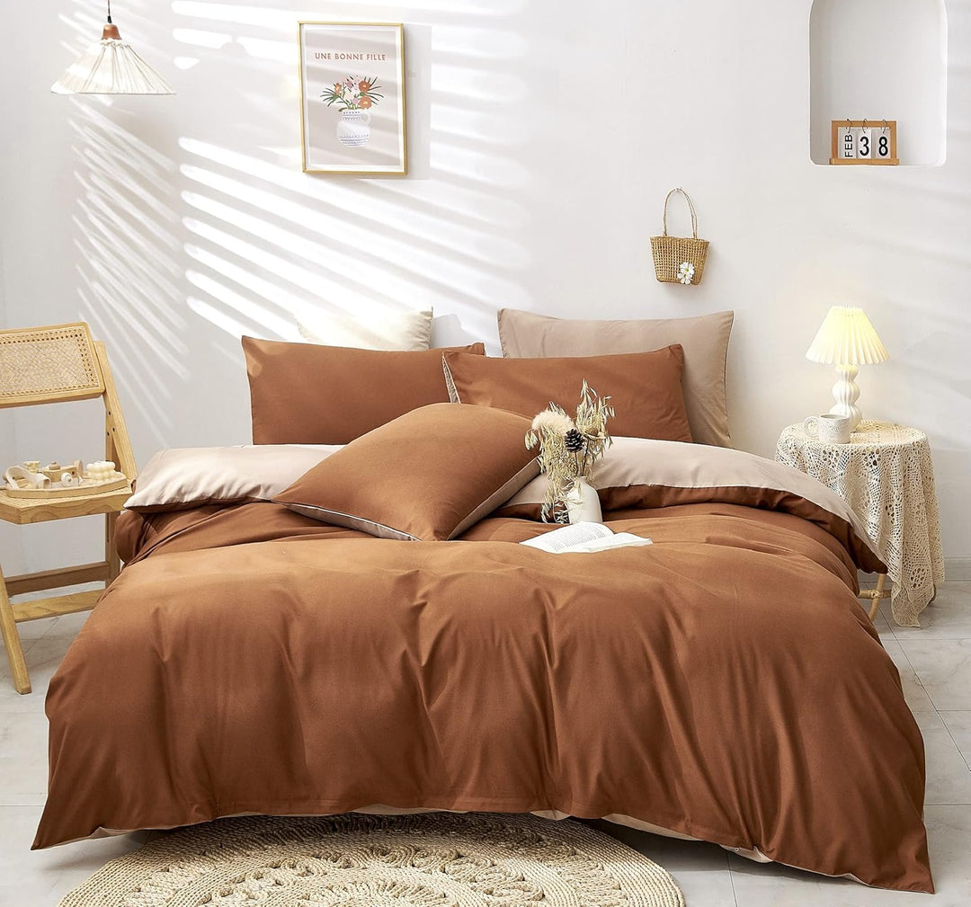 Damier Bettwäsche 155×220cm Karamell Braun Beige Uni Wendebettwäsche Set 2 Teilig Superweiches Micro