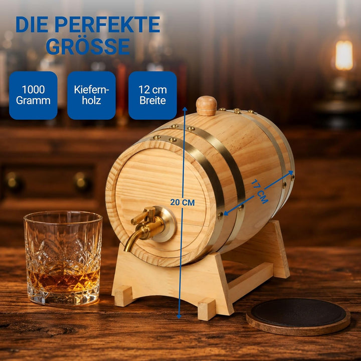 Holzfass 'Timber' 1 l - kleines Weinfass mit Zapfhahn, Beutel und Bock - dekoratives Fass für Whisky