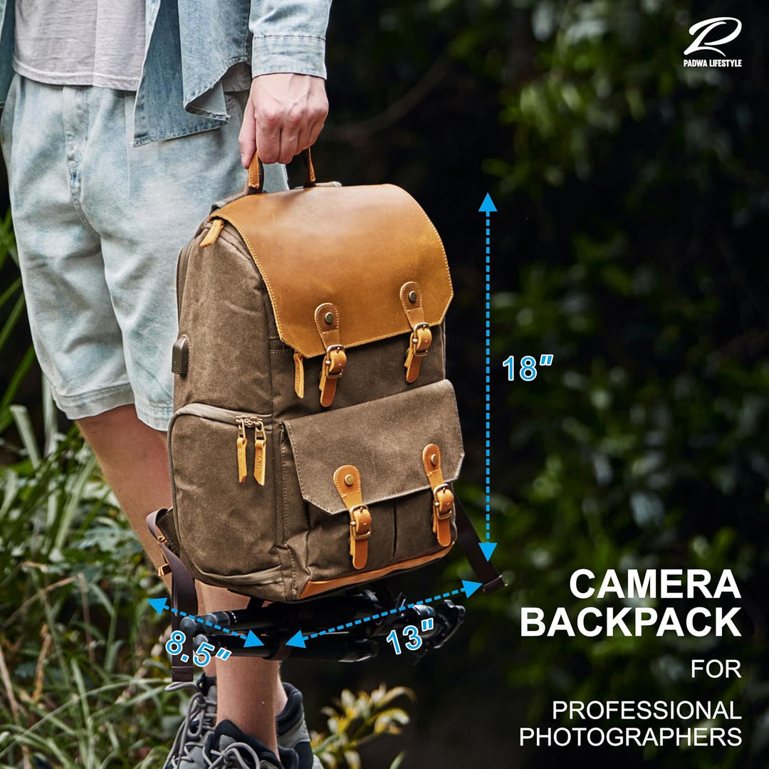 Padwa Lifestyle Khaki Kamerarucksack - wetterfeste Kameratasche aus gewachstem Memory Canvas mit 16“