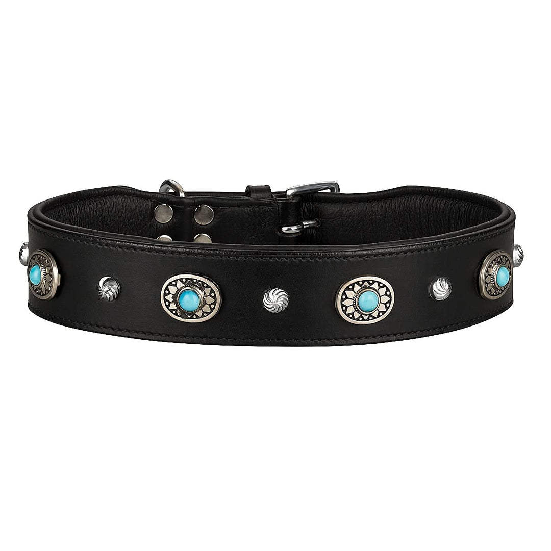 MICHUR Alonzo Hundehalsband Leder Schwarz Breit, Lederhalsband, Halsband, Blaue Steine MIT RUNDNIETE