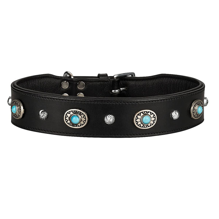 MICHUR Alonzo Hundehalsband Leder Schwarz Breit, Lederhalsband, Halsband, Blaue Steine MIT RUNDNIETE