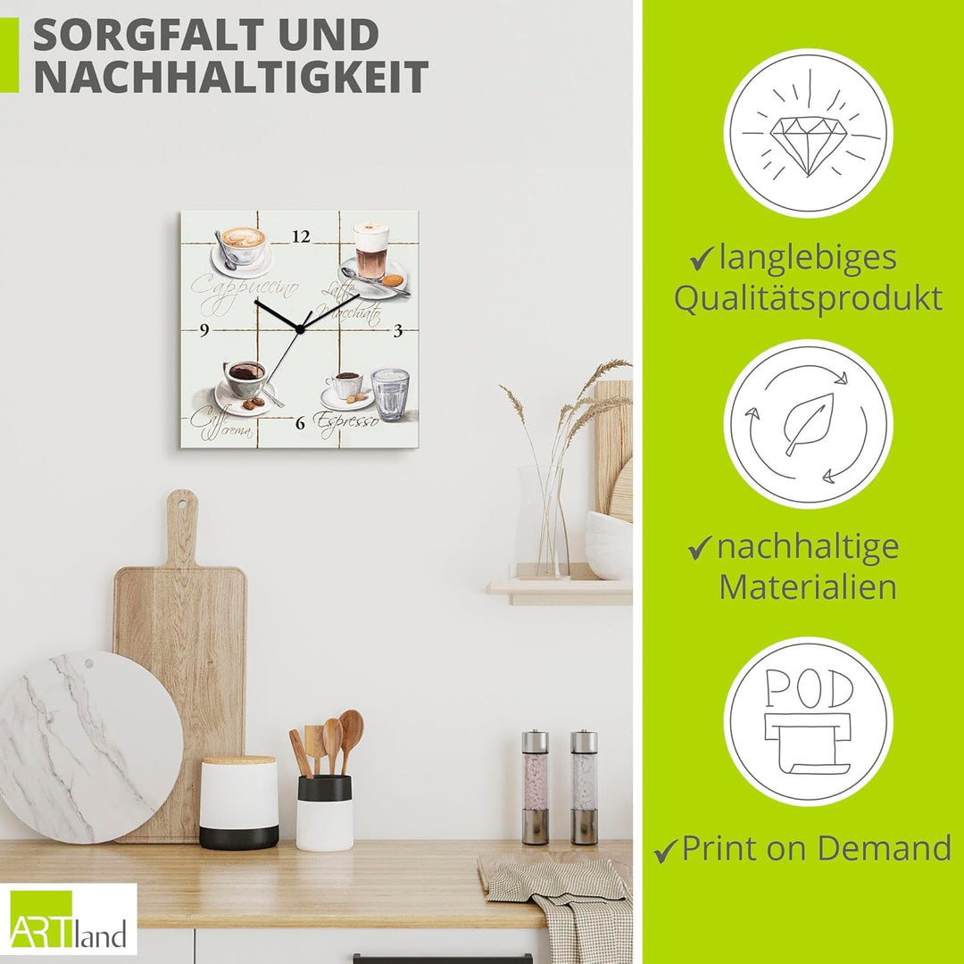 ARTLAND Wanduhr ohne Tickgeräusche Leinwand Quarzuhr 30x30 cm Quadratisch Lautlos Cappuccino Kaffee