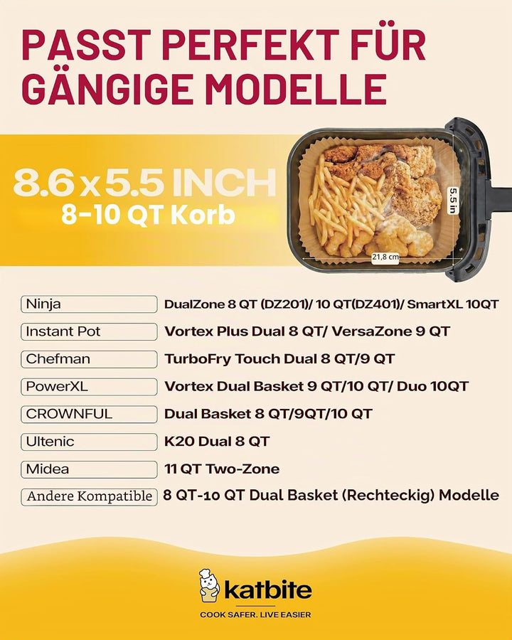 Katbite 220 Stück Backpapier für Heissluftfritteuse mit Doppelkammer, 20.5x14cm Airfryer Papier Line