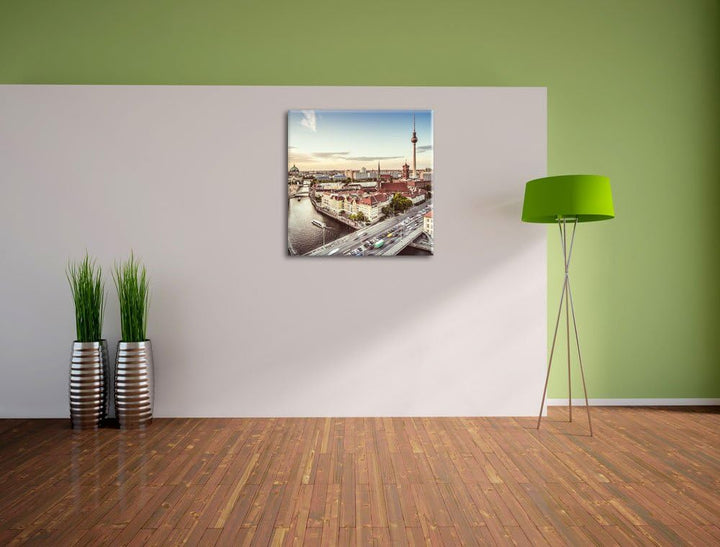 Skyline von Berlin, Format: 70x70 auf Leinwand, XXL riesige Bilder fertig gerahmt mit Keilrahmen, Ku