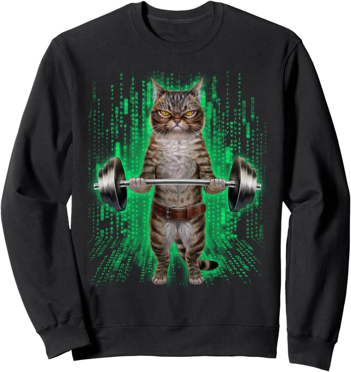 Tabby Katze, die Gewichte im Cyber-Fitnessstudio hebt Sweatshirt