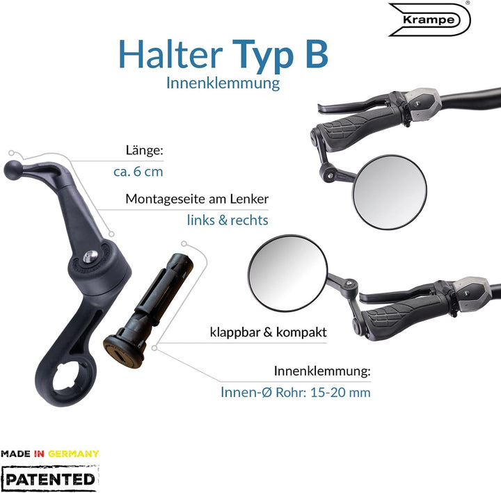 Krampe KF1 Typ B | Einklappbarer Fahrradspiegel rund |Rechts und links montierbar | Für alle Arten v