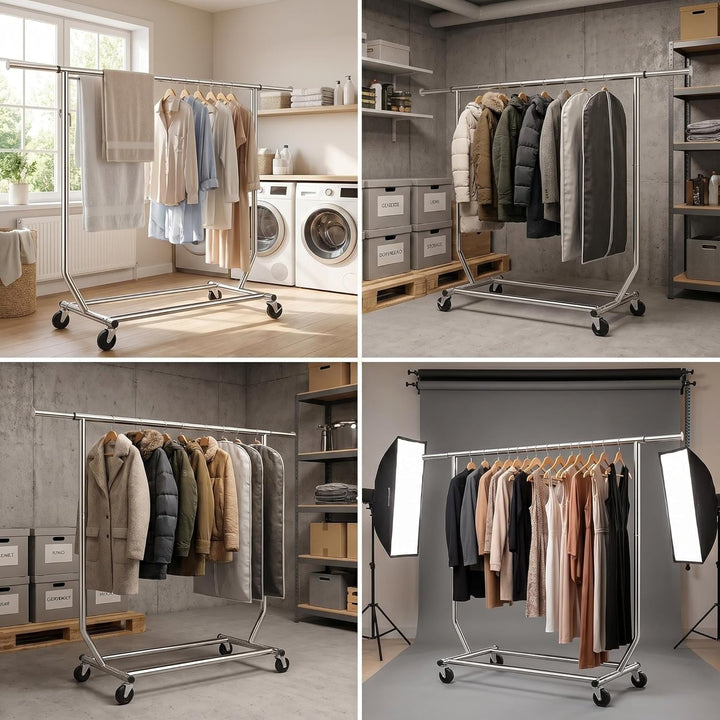 Camabel Metall Kleiderständer mit Rollen max Belastbarkeit 136kg Verstellbar Länge 130-189cm Schwerl