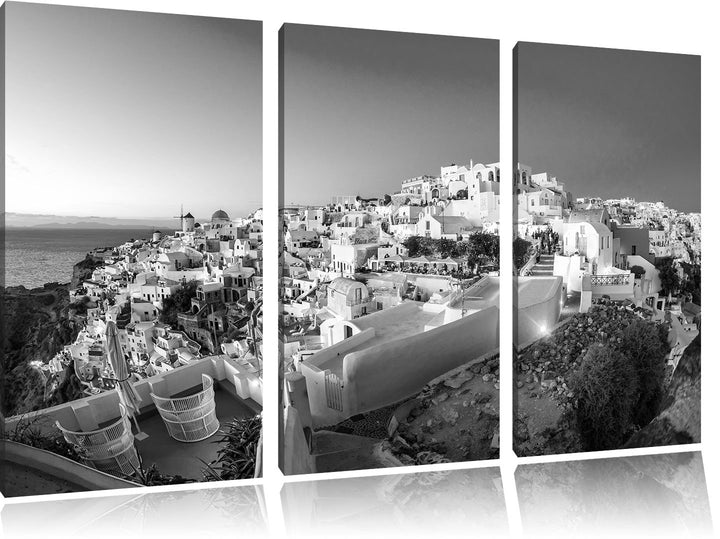 Pixxprint Oia Dorf am Sonnenuntergang Santorin Kunst B&W 3-Teiler Leinwandbild 120x80 Bild auf Leinw