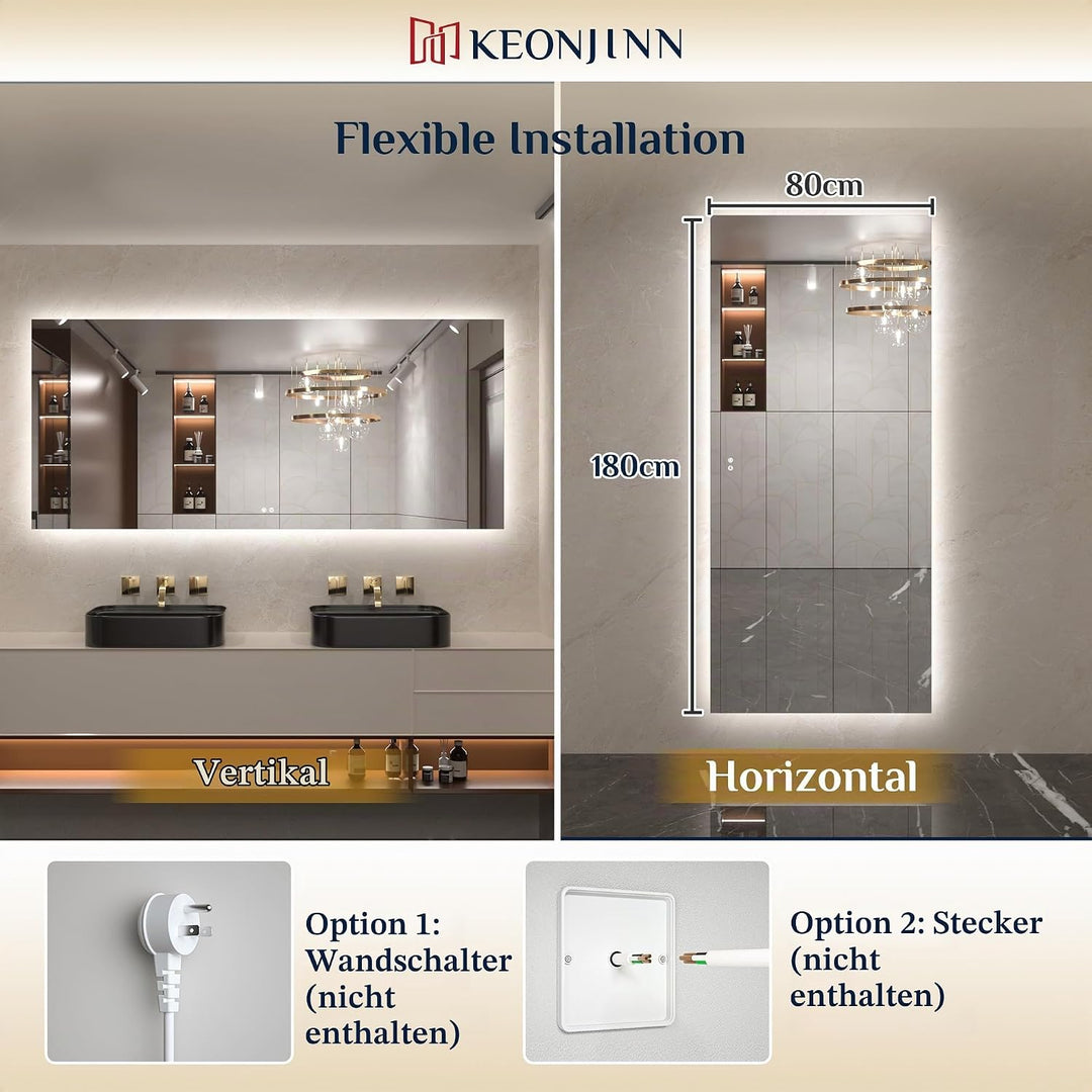 Keonjinn Badspiegel mit Beleuchtung Rechteckig 180x80cm, Badezimmerspiegel mit Beschlagfrei Touch Sc