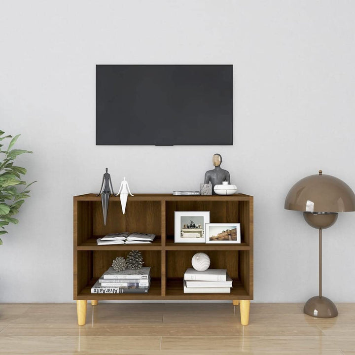 homiuse TV-Schrank mit Massivholz-Beinen Braun Eiche-Optik 69,5x30x50cm TV Board Hochglanz Fernsehsc