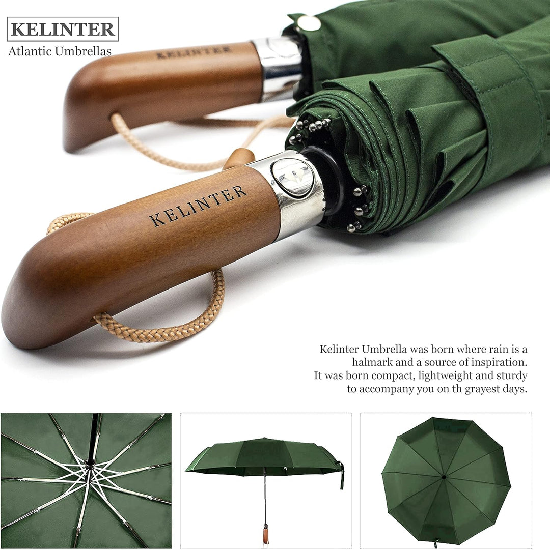 KELINTER Automatischer Klappschirm - 10 Verstärkte Streben, Teflon 300T, Windsicher, Holzgriff Ergon