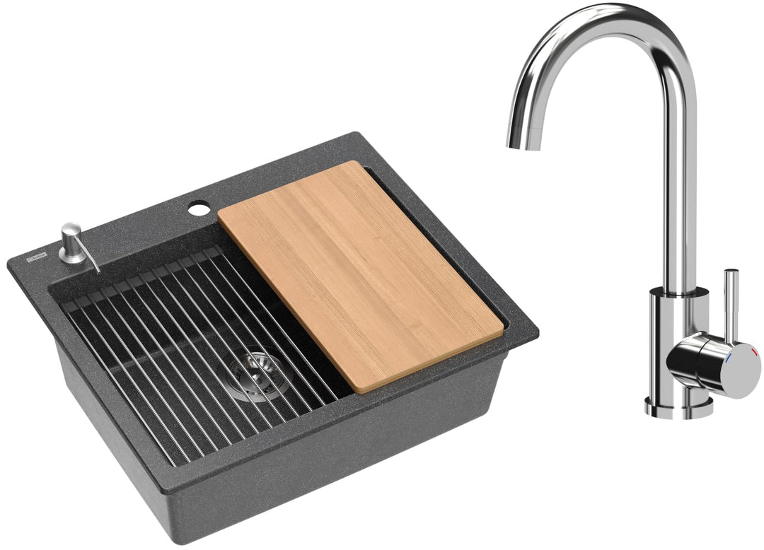 VBChome Set Spülbecken mit Armatur 60 x 50 cm Schwarz Spülmittelspender Siphon Matte Planke Granit S