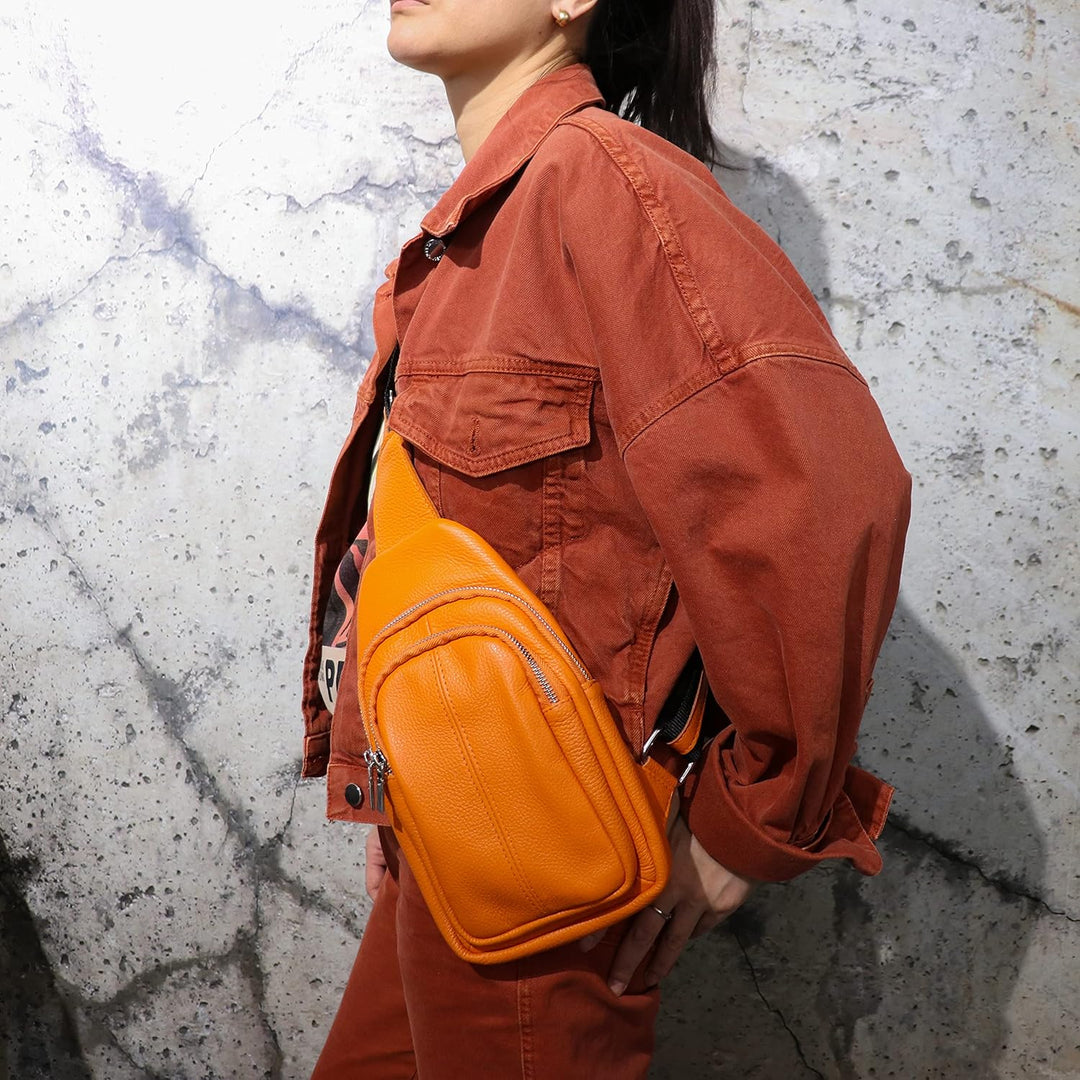 SH Leder echt Leder Damen Unisex Brusttasche für Festival Reise mittelgross Hüfttasche Crossbody Bag