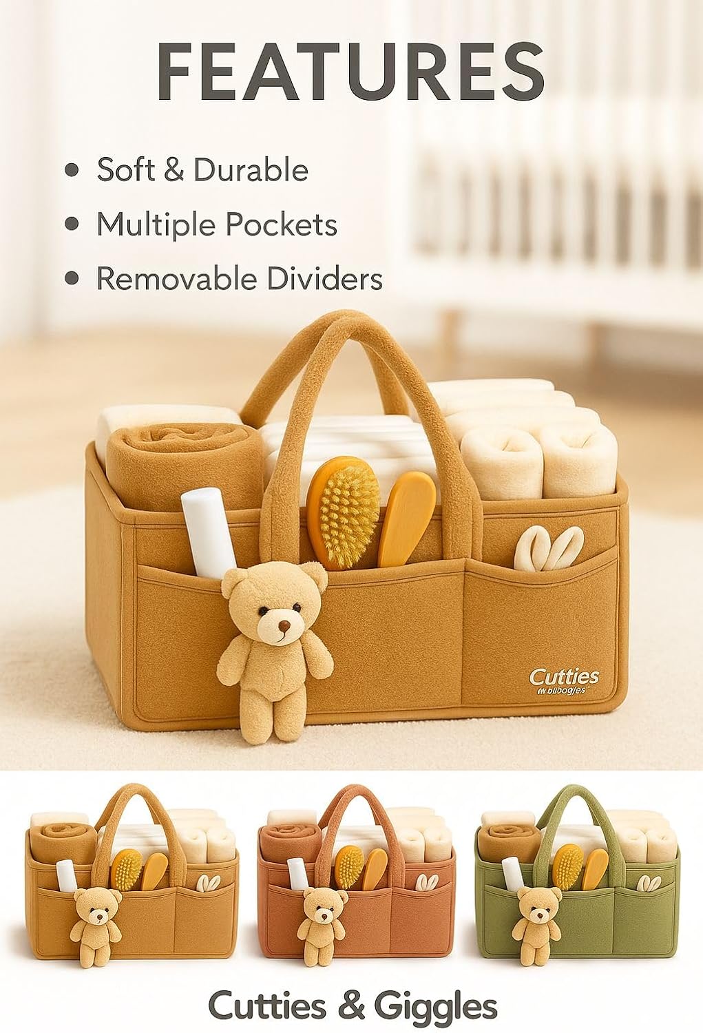 Baby-Windel-Organizer mit Teddy, grosser Windel-Aufbewahrungskorb mit Griffen und Fächern, Filz, Kin