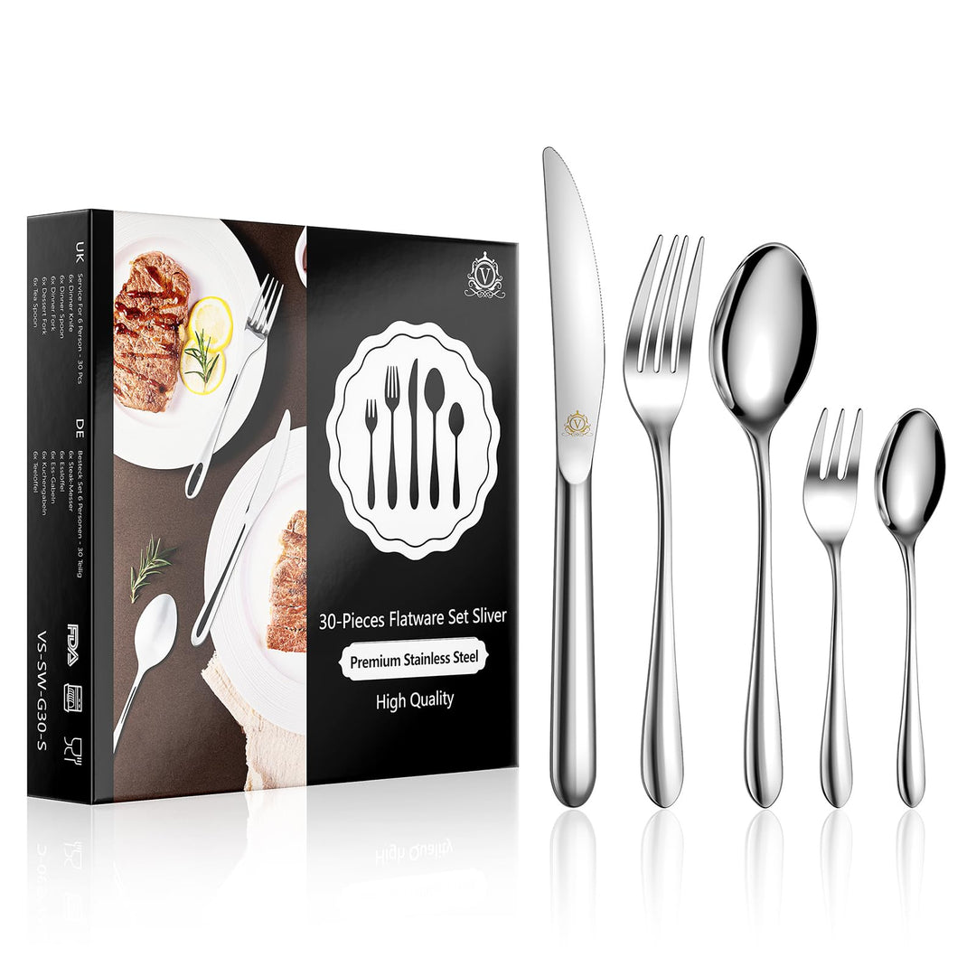 vancasso Besteck Set 6 Personen,30-Teilig Silberbesteck mit 6x Messer/6x Gabel/6x Löffel/6x Dessertl