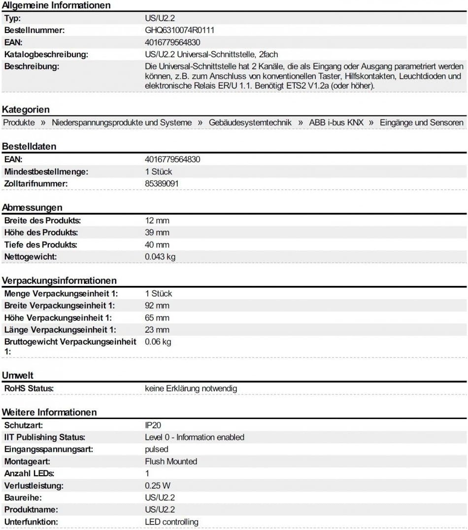 EIB Universal Schnittstelle 2 fach UP ABB US/U 2.2