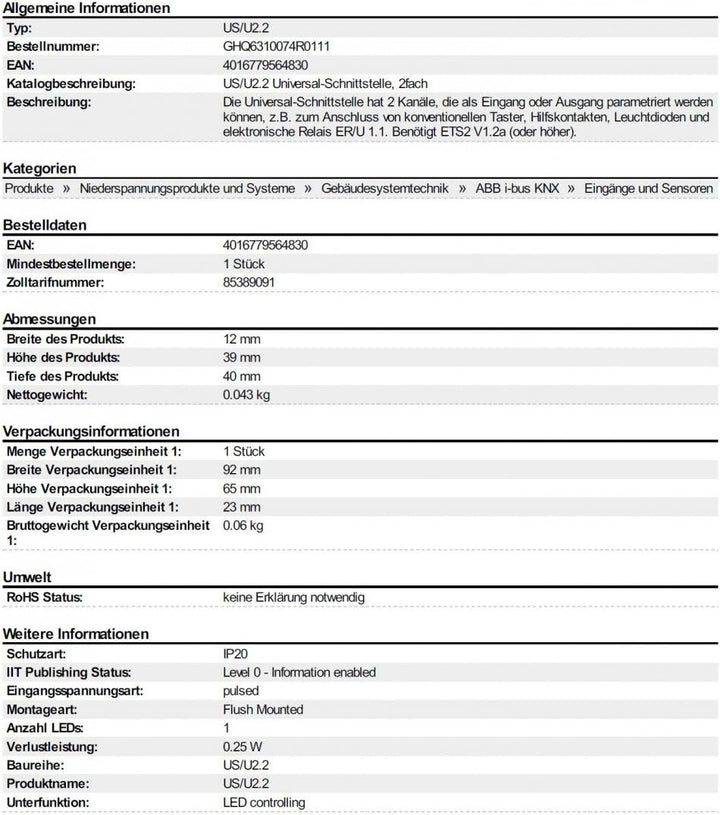 EIB Universal Schnittstelle 2 fach UP ABB US/U 2.2