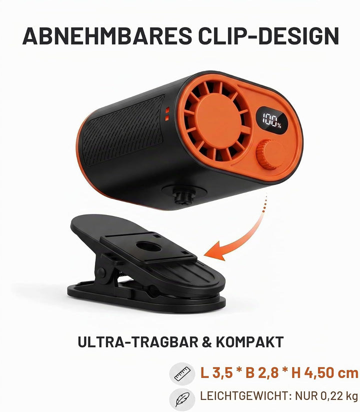 WHATOOK Tragbarer Gürtelventilator: 1-100 Stufenlose Geschwindigkeitsregelung Clip Fan mit 360° Dreh