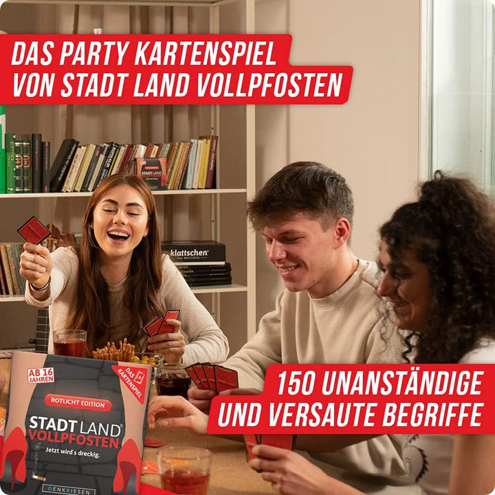 DENKRIESEN - Trio Rotlicht Edition - Stadt Land VOLLPFOSTEN® - Spielblock + Kartenspiel + Hangman Ga